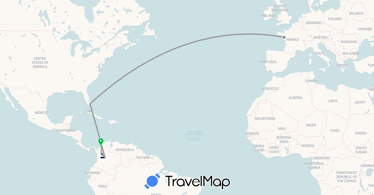 TravelMap itinerary: driving, bus, plane in Colombia, France, United States (Europe, North America, South America)
